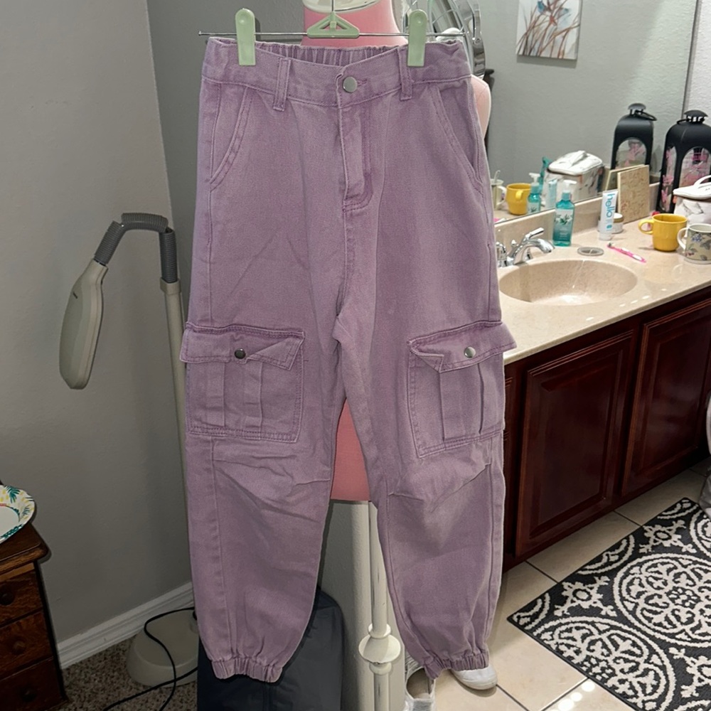 Purple/ Lavender colored denim cargo utility pants